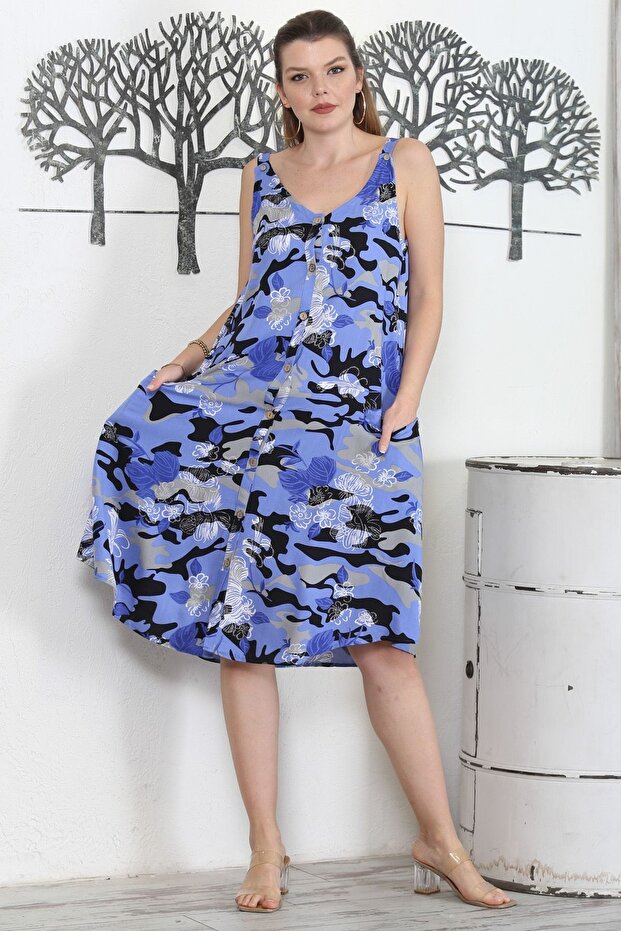 Camouflage Blue V-neck Sleeveless Buttoned Double Pocket Casual Woven Dress