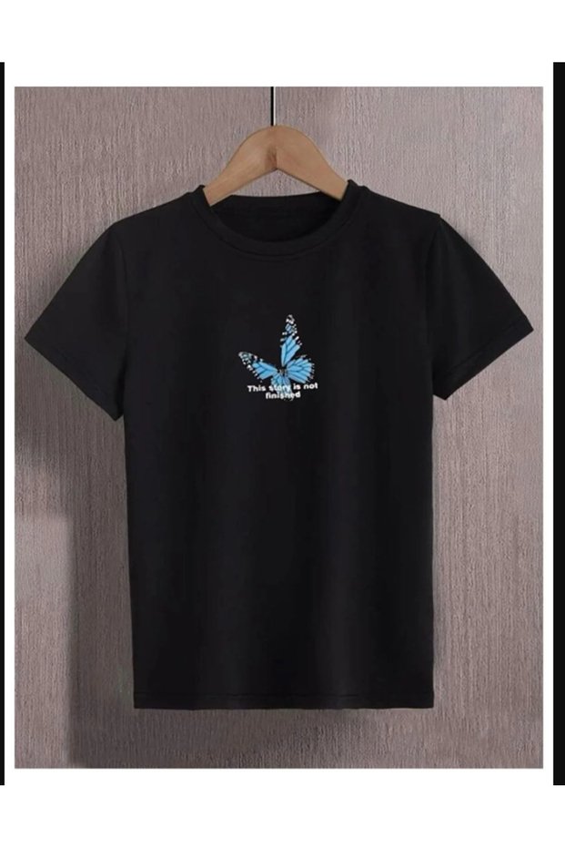 Children's Trend Model Black T Shirt Blue Butterfly Printed Cotton