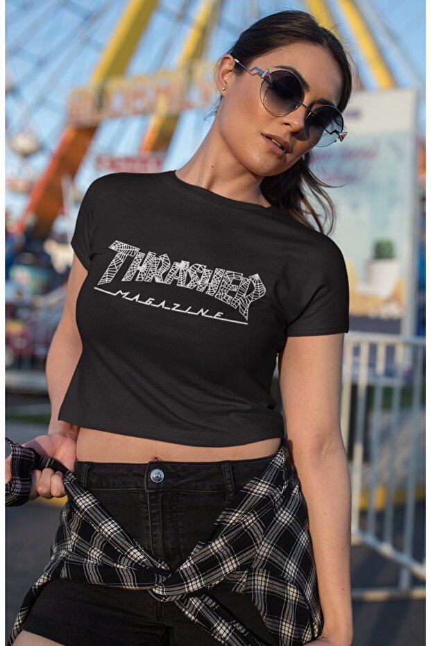 Trasher Magazine Printed Crop Top, Spider Pattern Printed Crop Blouse
