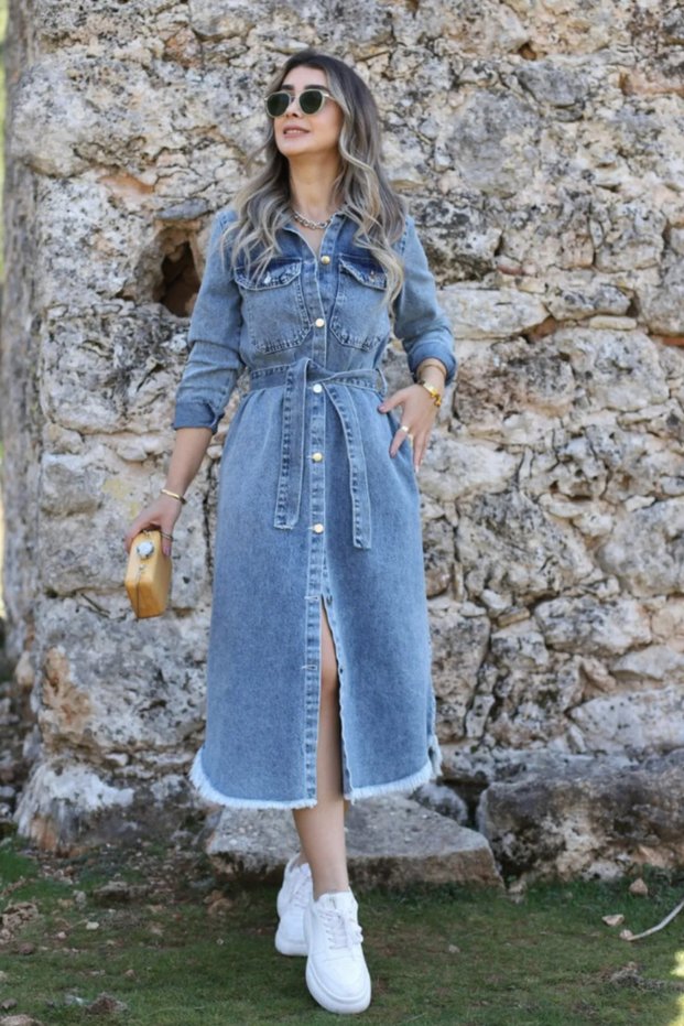 Snow Wash Buttoned Jean Dress With Belt Denim Blue Gilet Dress