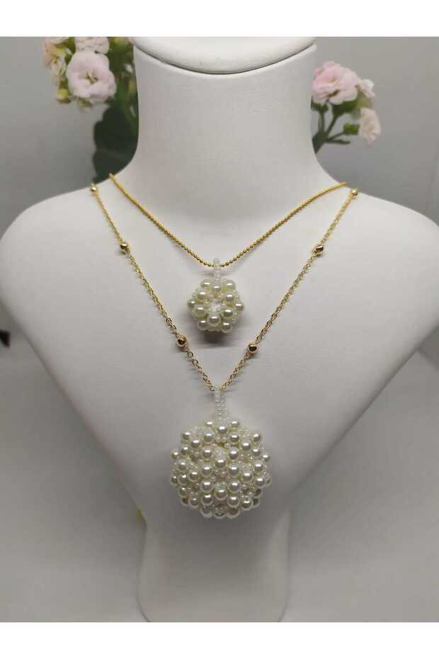 Stylish Necklace Set with Crystal Bead Detail - Cevşen Design for Mother and Daughter
