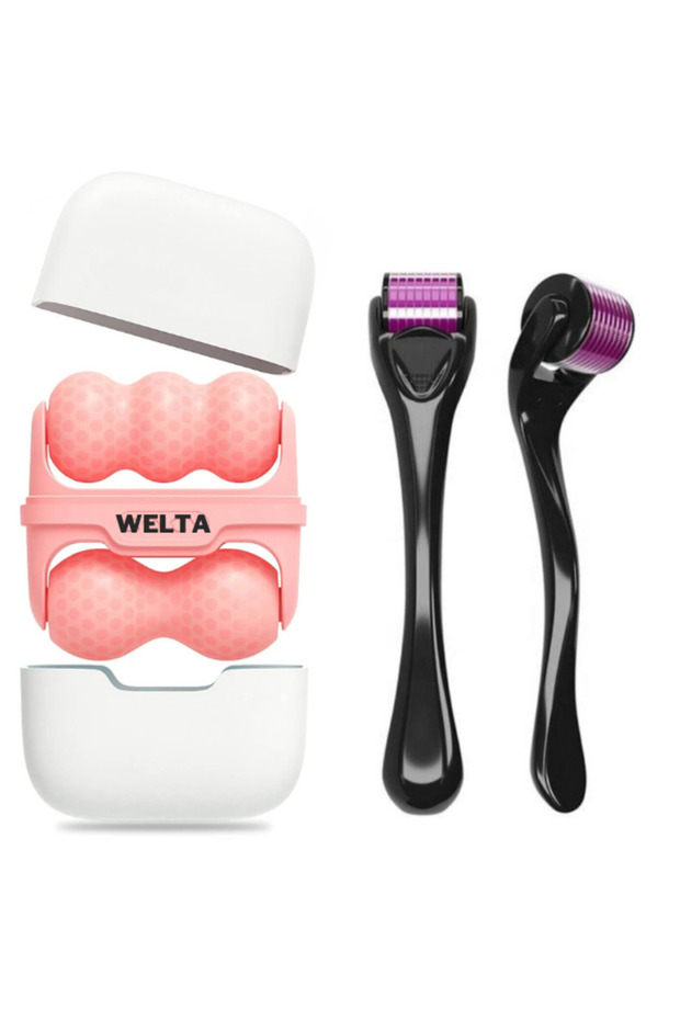 Ice Roller Double Sided Facial Massager Pink and Titanium Tip 540 Needle Derma Roller 1 mm