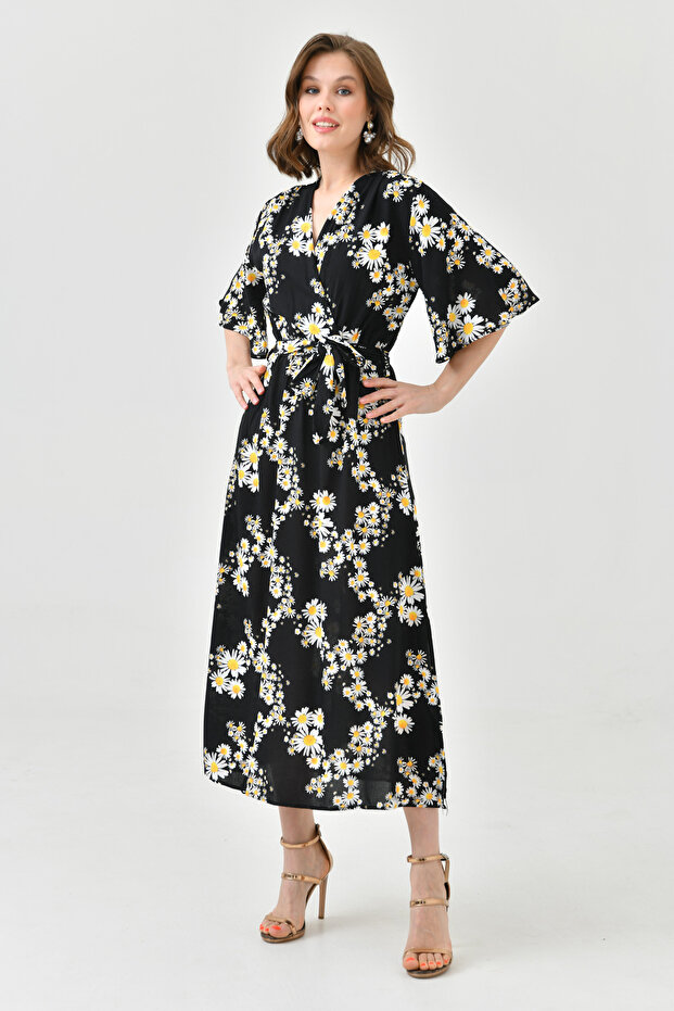 Daisy Patterned Double Breasted Collar Stretchy Fabric Side Slit Midi Length Belted Summer Dress 098