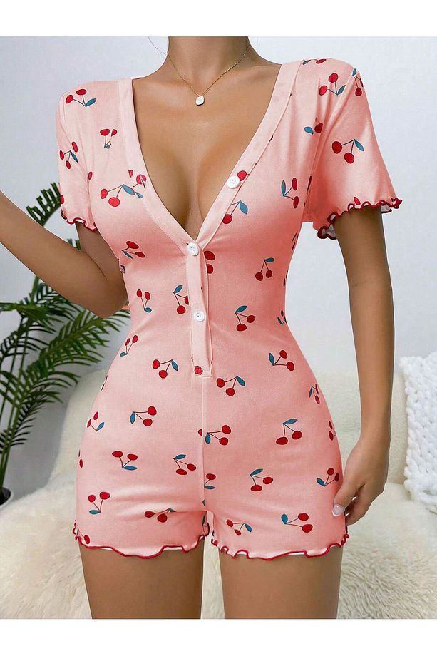 Pembe kiraz desenli kısa kol pijama tulumu - 1