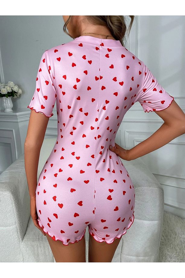 Pembe kalp desenli kısa kol pijama tulumu - 4