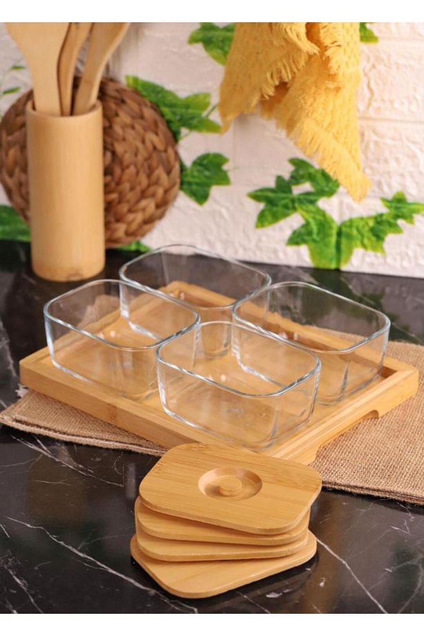 Bambum Krosna - Plus 9 Parça Bambu Kapaklı Cam Kahvaltı Seti Tepsili - 4