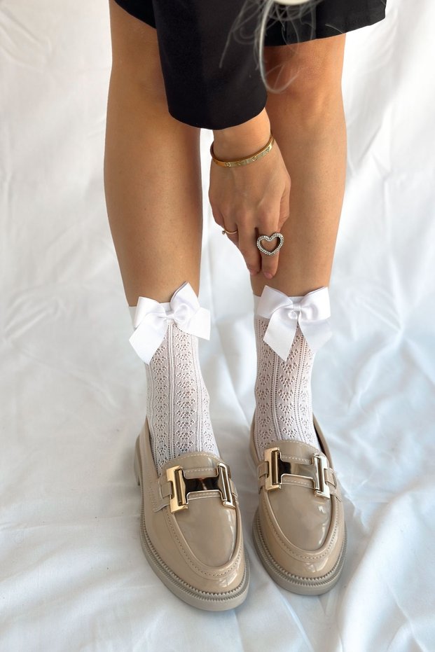 Scoop Beige Patent Leather Buckle Detail Women's Ballerinas