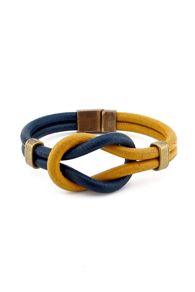 Yellow Navy Blue Alaçatı Knot Genuine Leather Men's Bracelet M051E