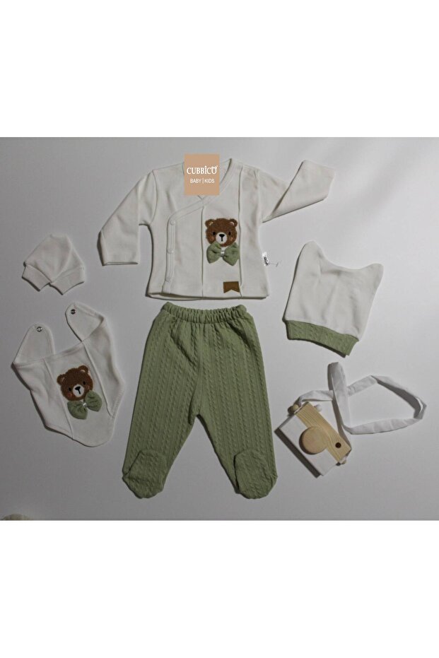 MİNİBİRD Süzene Teddy Bear Embroidered Baby Boy Organic 5-Piece Bodysuit Set