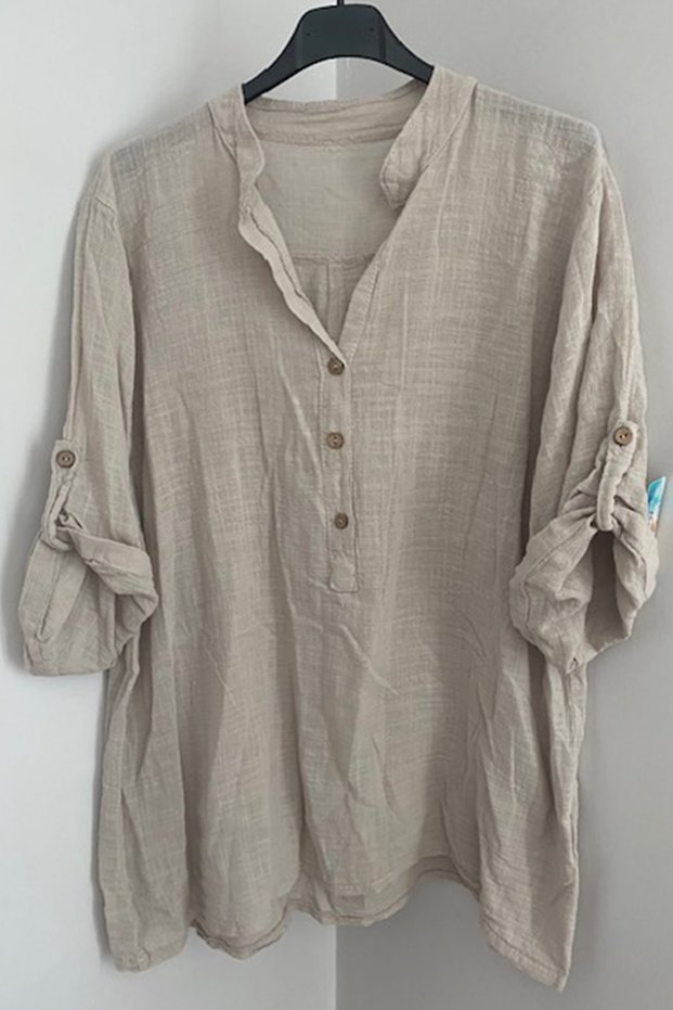 Women's Italian Beige Button Detailed Lapel Collar 100% Cotton Blouse