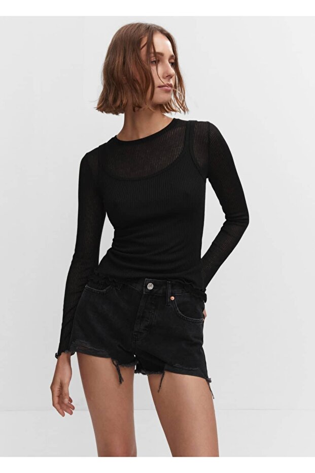 Yırtık Denim Şort - 1