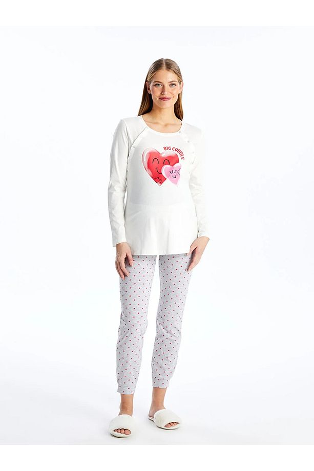 LCW DREAM Bisiklet Yaka Baskılı Uzun Kollu Hamile Pijama Takımı - 2