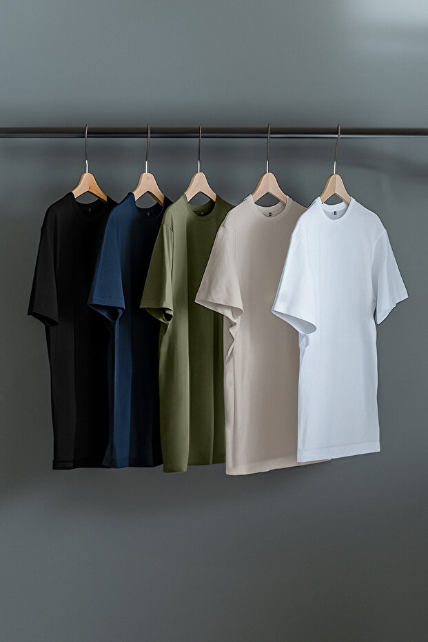 Unisex Siyah-Beyaz-Taş- Haki-Lacivert 5'li Paket Regular Basic %100 Pamuk T-Shirt TMNSS24TS00082 - 1