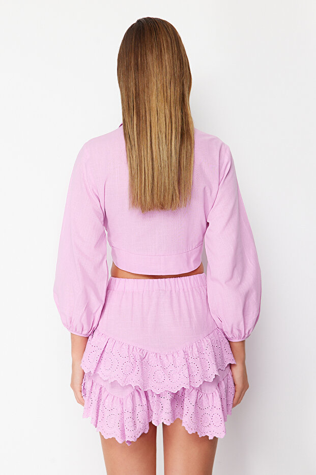 Pembe Dokuma Brodeli Plaj Mini Etek TBESS24ET00004 - 5