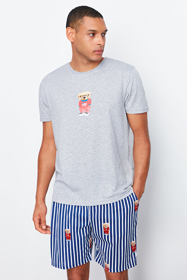 Unisex Gri Regular Fit Baskılı Örme Şortlu Pijama Takımı TMNSS24PT00034 - 2