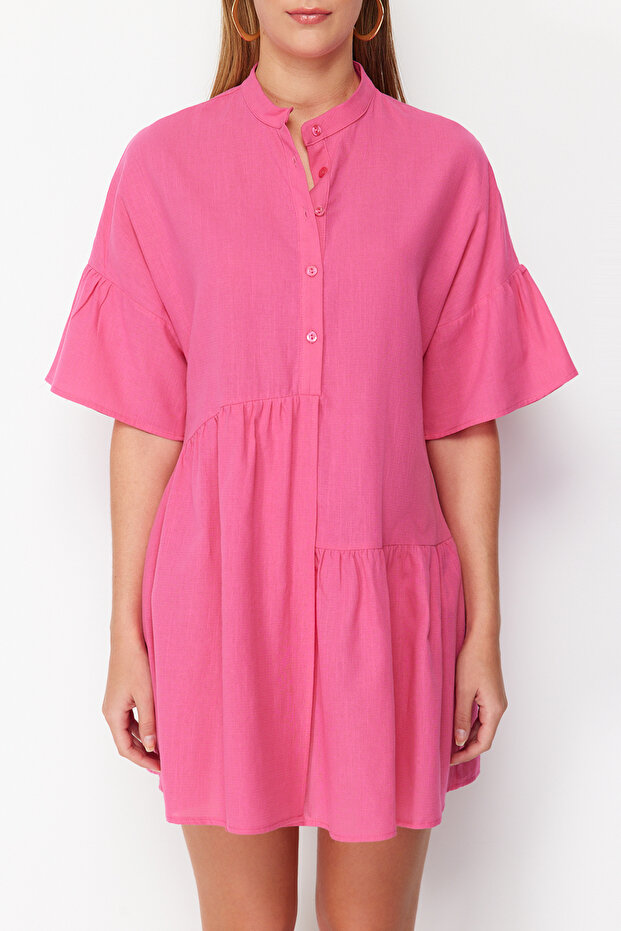 Pembe Dokuma Volanlı Plaj Mini Elbise TBESS20EL0873 - 6