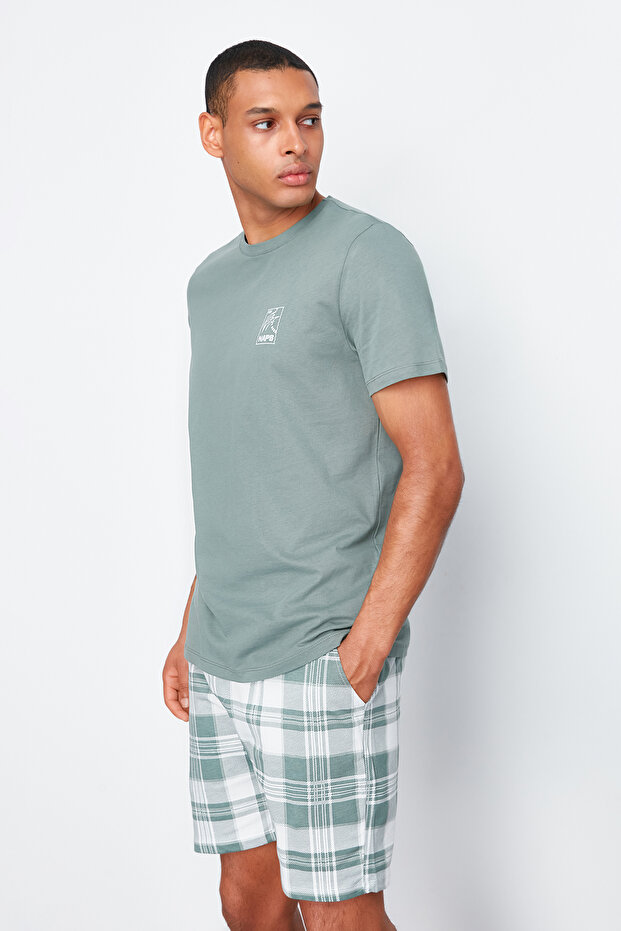 Mint kostkovaný vzor tištěný Regular Fit Pletené šortky Sada pyžama TMNSS24PT00030 - 2