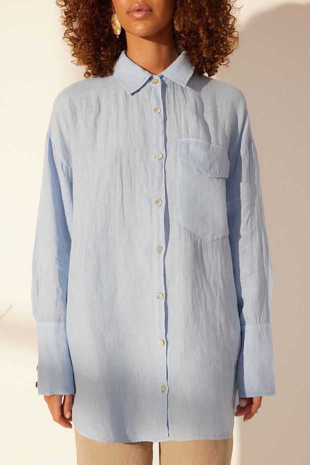 Mavi %100 Keten Oversize Gömlek TWOSS24GO00125 - 4