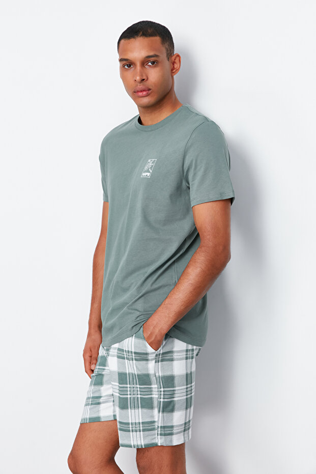 Mint kostkovaný vzor tištěný Regular Fit Pletené šortky Sada pyžama TMNSS24PT00030 - 3