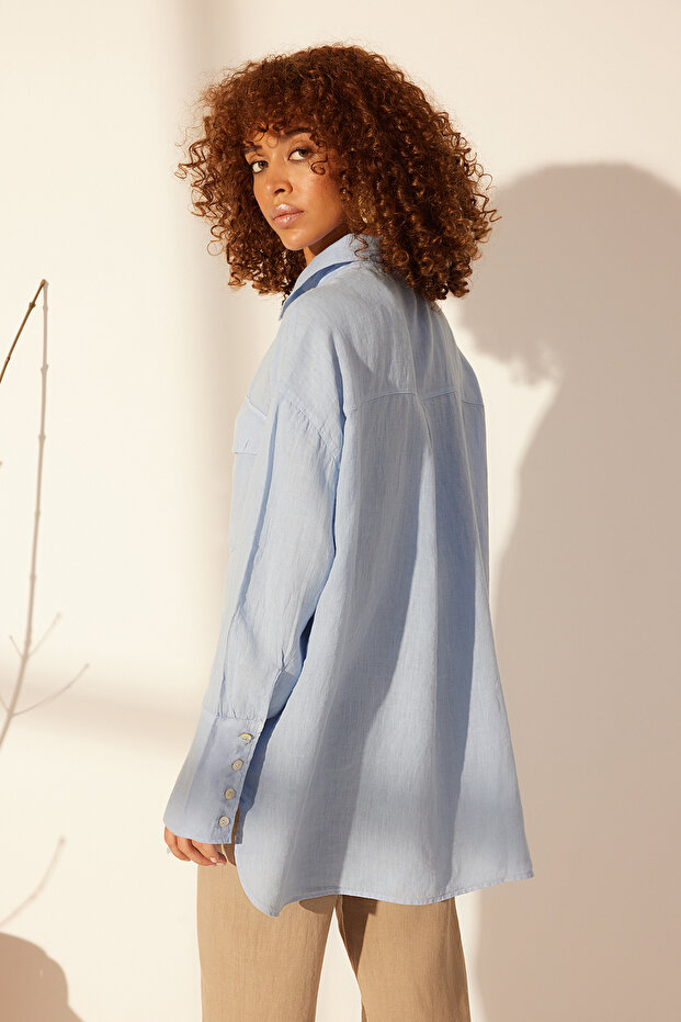 Mavi %100 Keten Oversize Gömlek TWOSS24GO00125 - 6