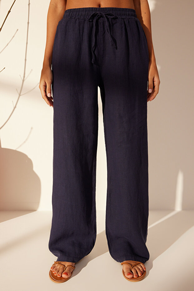 Lacivert %100 Keten Beli Lastikli Yüksek Bel Wide Leg Pantolon TWOSS24JE00249 - 4