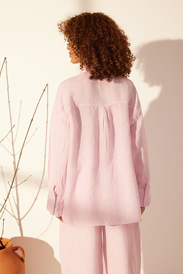 Pembe %100 Keten Oversize Gömlek TWOSS23GO00443 - 6