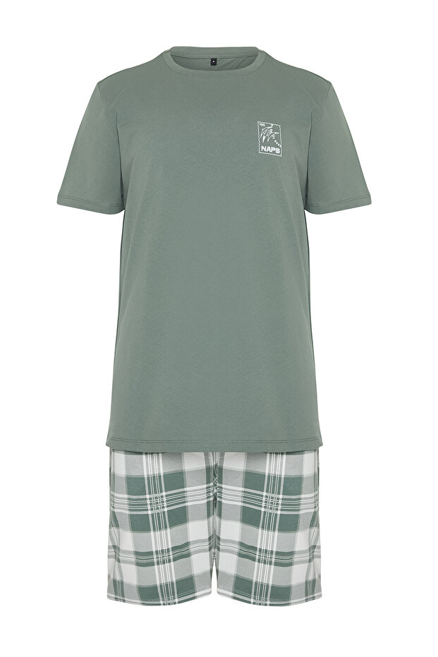 Mint kostkovaný vzor tištěný Regular Fit Pletené šortky Sada pyžama TMNSS24PT00030 - 7