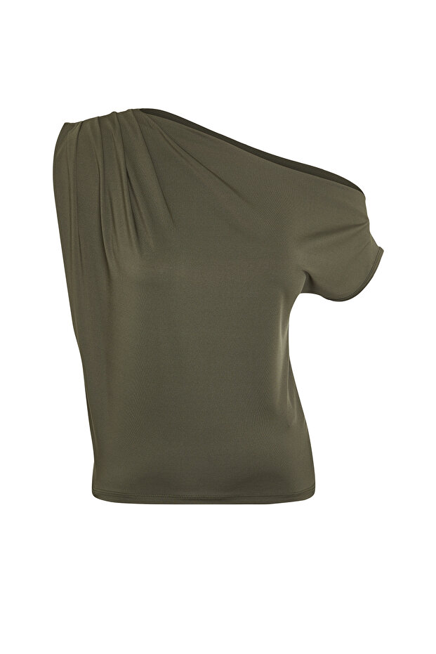 Haki Regular/Normal Kalıp Asimetrik Yaka Sıfır Kol Esnek Örme Bluz TWOSS24BZ00396 - 7