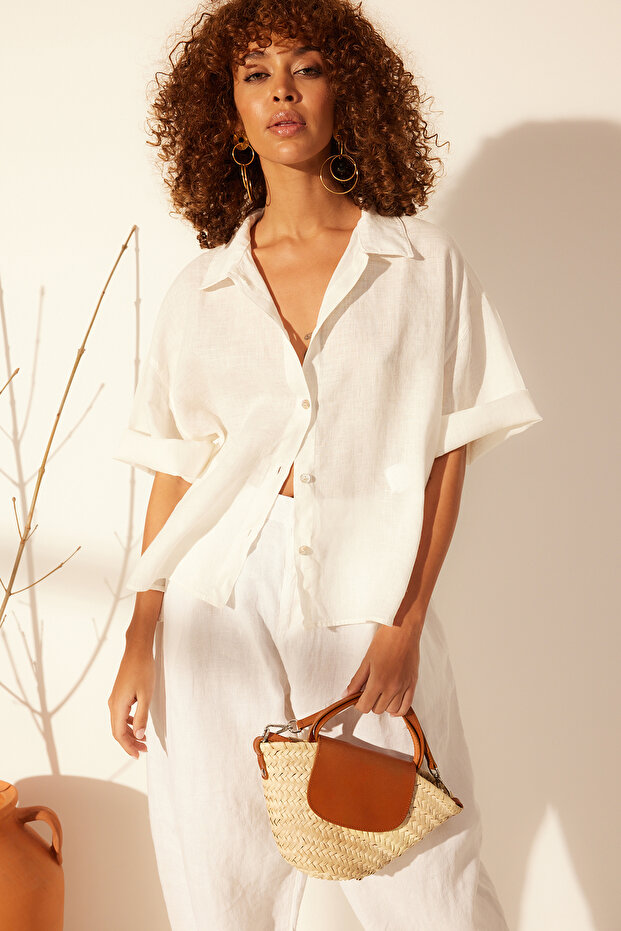 Ekru %100 Keten Oversize Gömlek TWOSS24GO00122 - 2