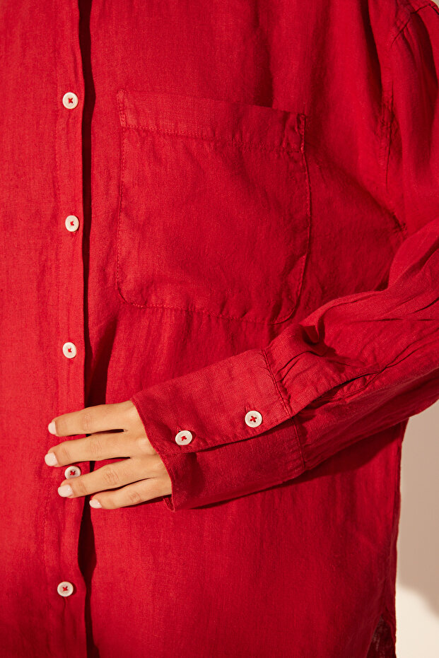 Kırmızı %100 Keten Oversize Gömlek TWOSS23GO00443 - 5