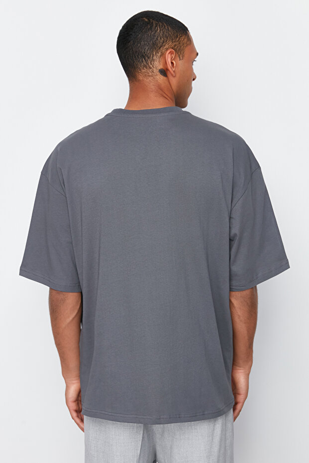 Antrasit Oversize %100 Pamuklu Bisiklet Yaka Minimal Yazı Baskılı T-Shirt TMNSS23TS00084 - 2