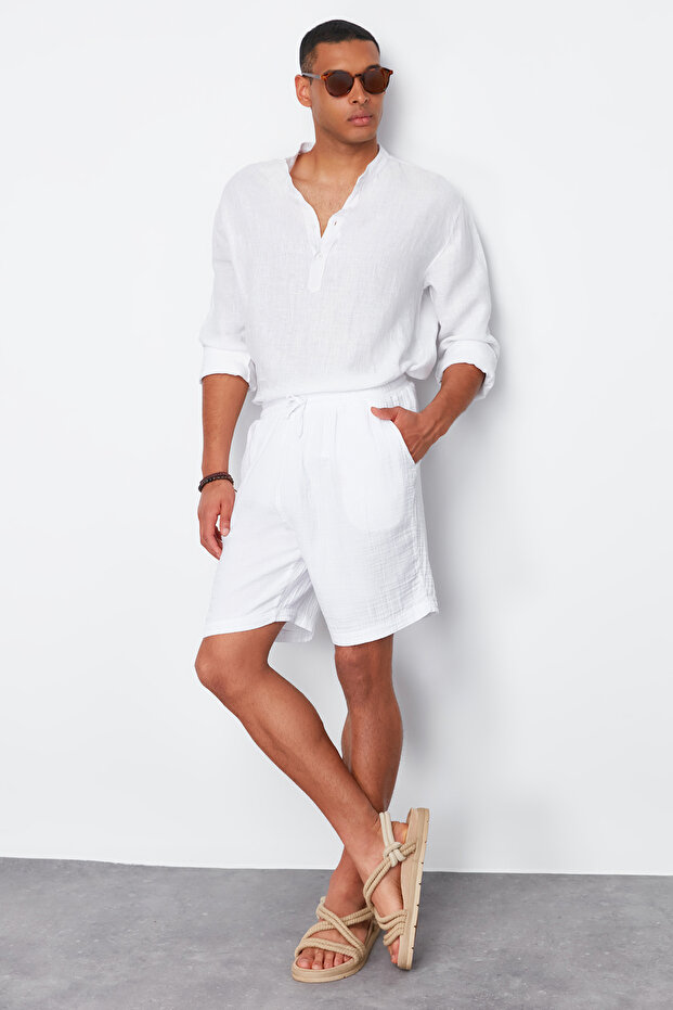 Beyaz Muslin Dokuma Yazlık Şort TMNSS24SR00059 - 4