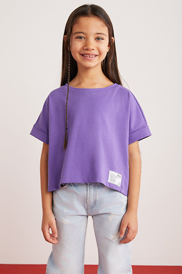 Verena Girl's 100% Cotton Double Sleeve Ornamental Label Purple T-shirt