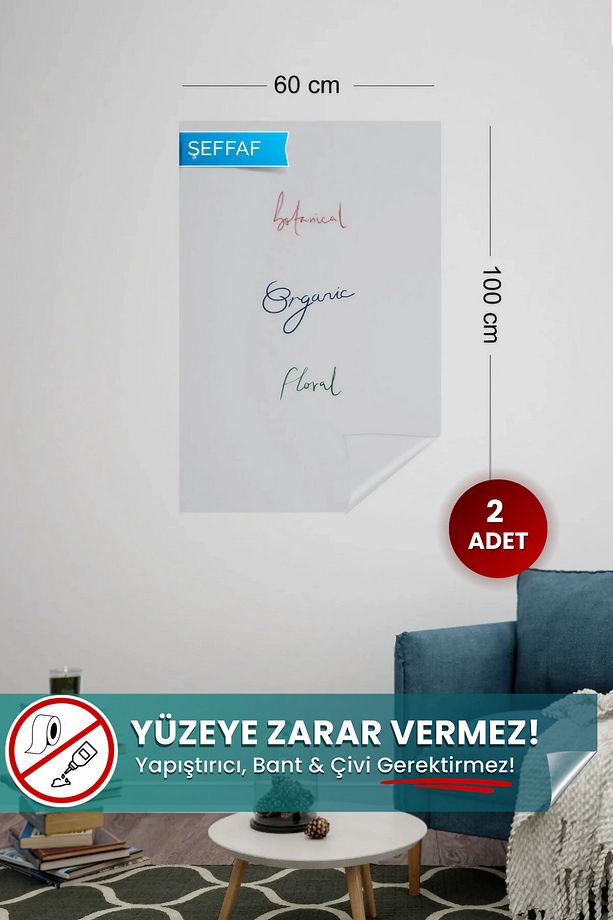 Akıllı Kağıt - 60x100 Cm Şeffaf, 2 Adet Pratik, Yapışkansız Statik Tutunan, Yazı Tahtası ve Pano - 1