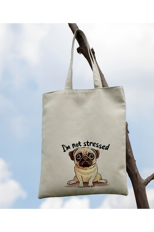 Pug temalı I'm not stressed  Baskılı %100 Pamuk Kanvas Bez Çanta 35x40 cm - 3