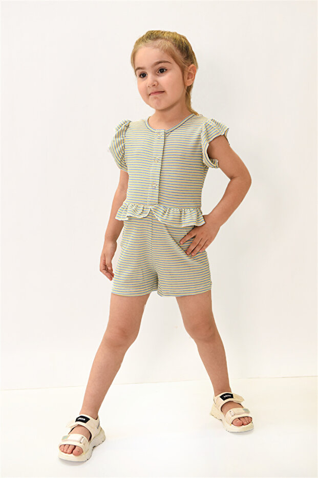 Girl's Ruffle Detailed, Colorful Striped Jumpsuit with Snap Fasteners