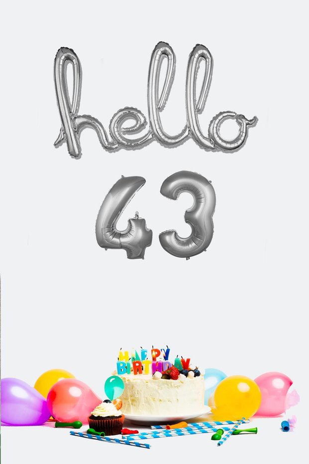 43 Years Birthday Balloons - Hello 43 Handwritten Silver Color Foil Balloon
