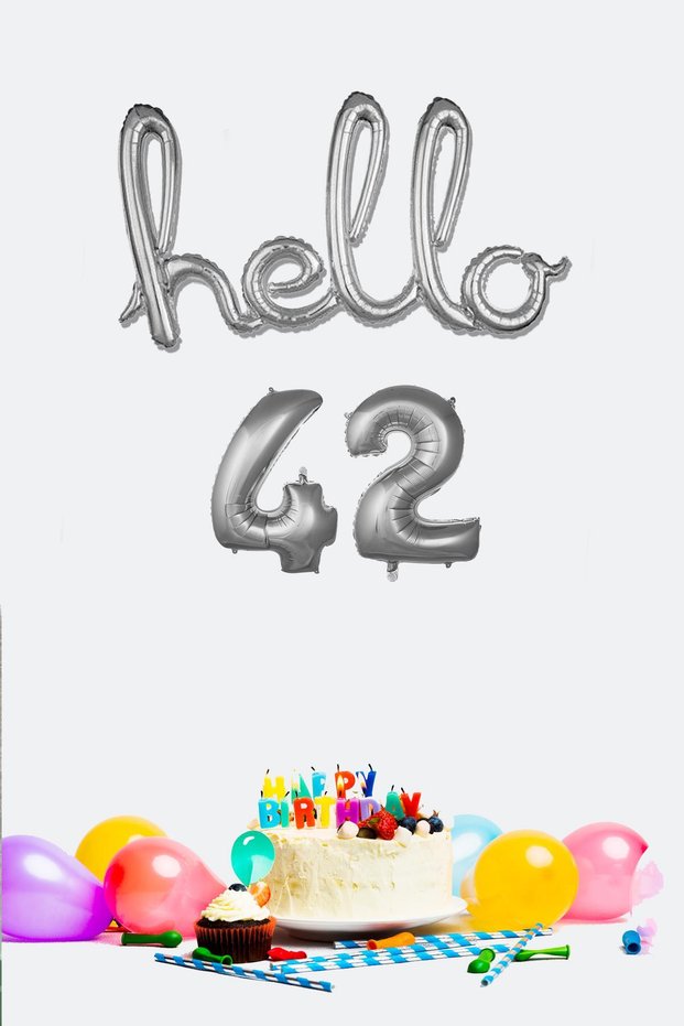 42 Years Birthday Balloons - Hello 42 Handwritten Silver Color Foil Balloon