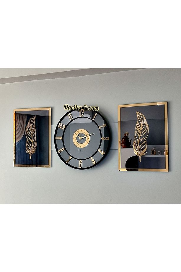 Modern Aynalı Model 2 Li Tüy Tablo Ve Saat Seti 40 Altın 40 x 40 - 1