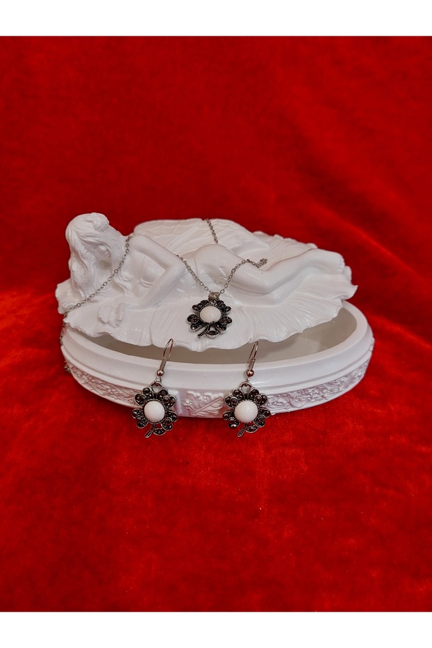 Lületaşı markazit dört yapraklı yonca kolye küpe set - 2