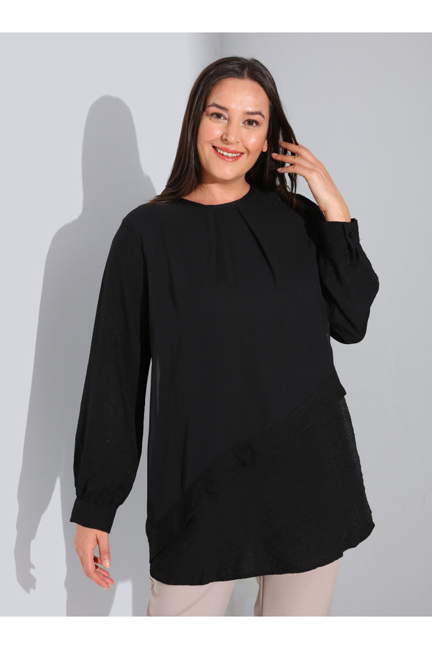 Plus Size Chiffon Detailed Blouse - Black - Alia