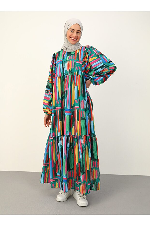 Mixed Patterned Balloon Sleeve Hijab Dress - Green Yellow Patterned - Benin