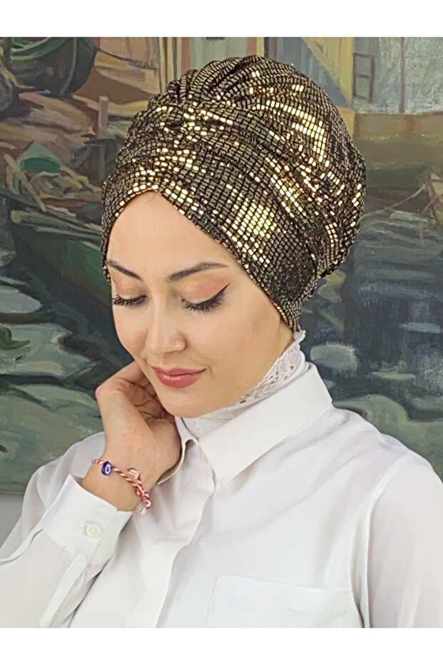 Altın Pullu Büzgülü Bone - 3