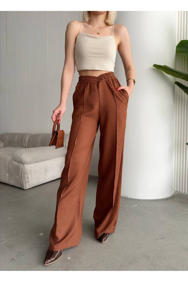 Women's Trousers - Cross Waist - Grassy Linen Palazzo Trousers