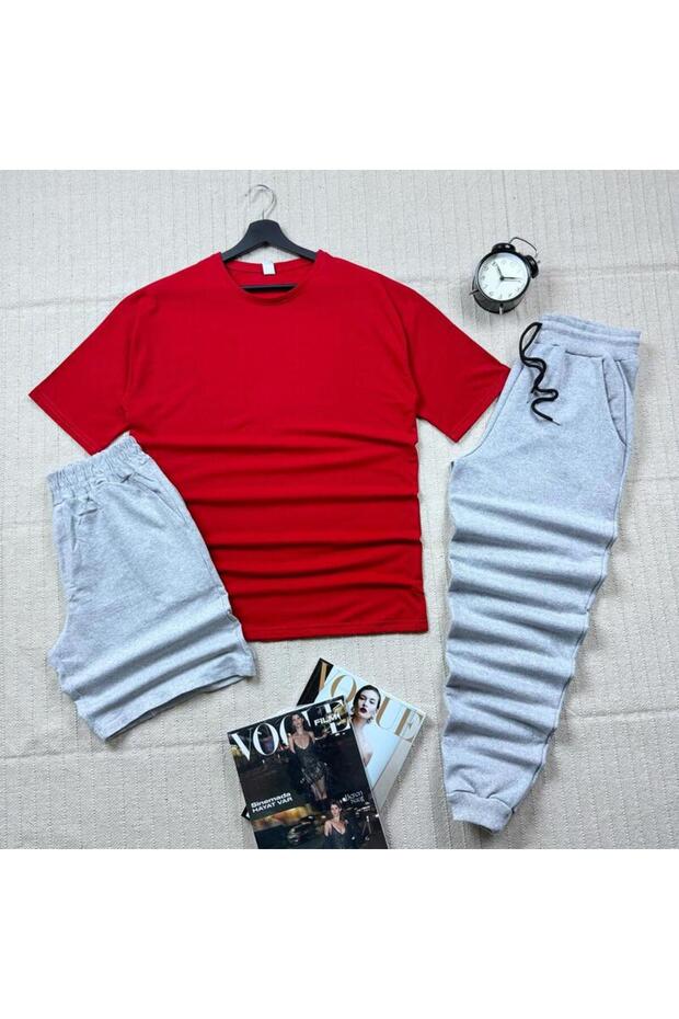 Oversize Red Relaxed Fit T-shirt Gray Shorts Tracksuit 3-Piece Set Unisex