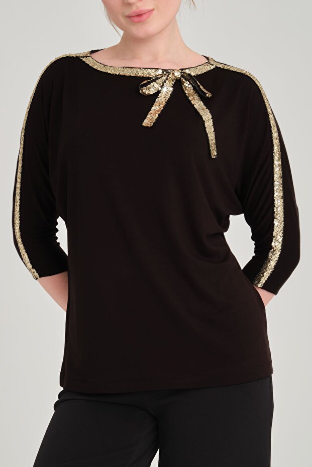 Special Design Bluz with Sequin Strip Detail on the Collar and Sleeves