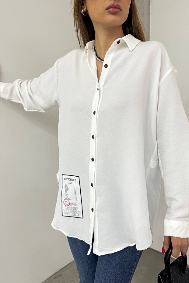 Women's White Aerobin Fabric Embroidered Design Oversize Cut Shirt 12200