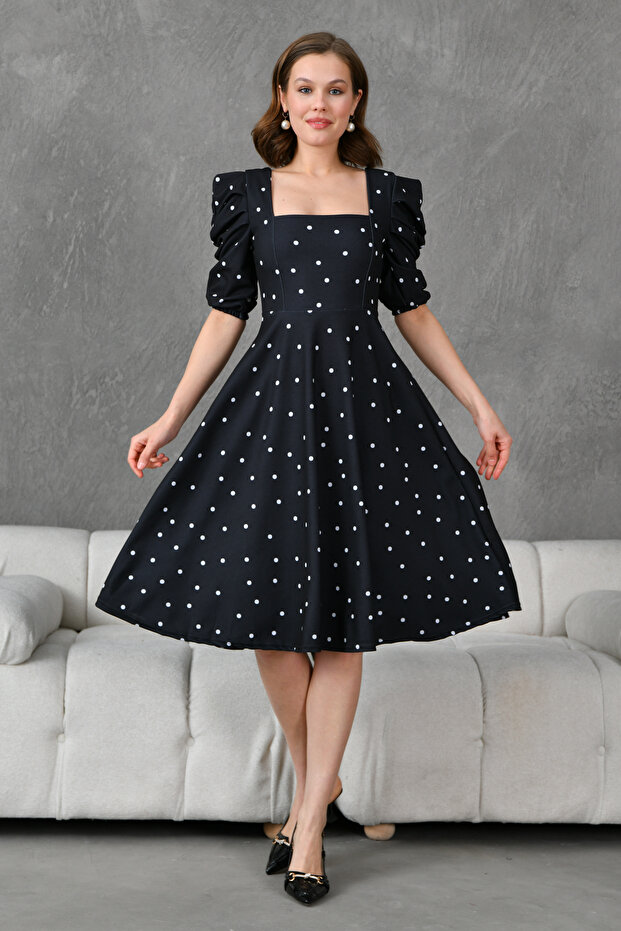 Women's Design Crepe Fabric Square Neck Short Sleeve Midi Length Black Polka Dot Patterned Evening Dress 080
