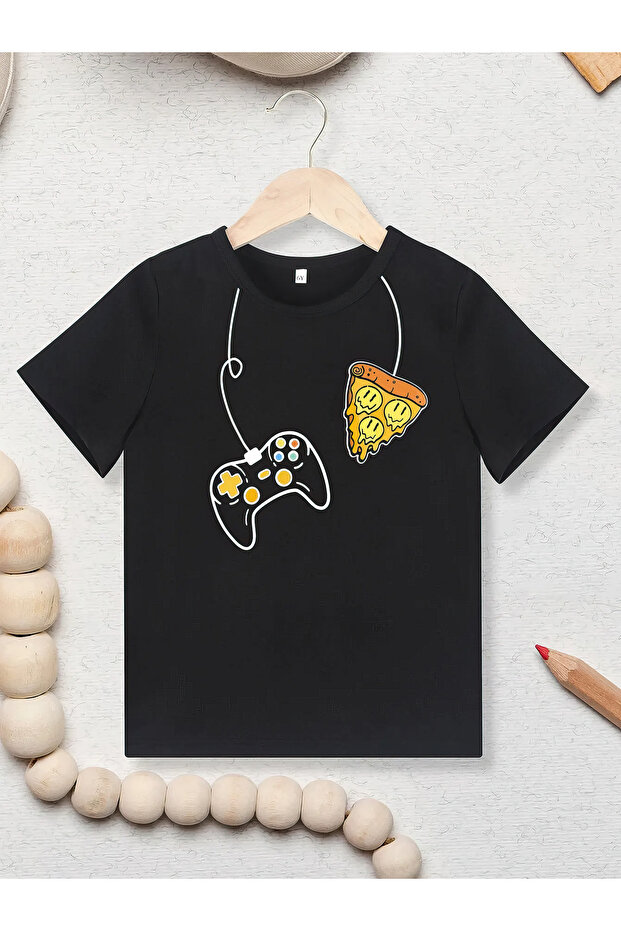 PIZZA AND GAME PRINTED CHILDREN'S SUMMER T-SHIRT