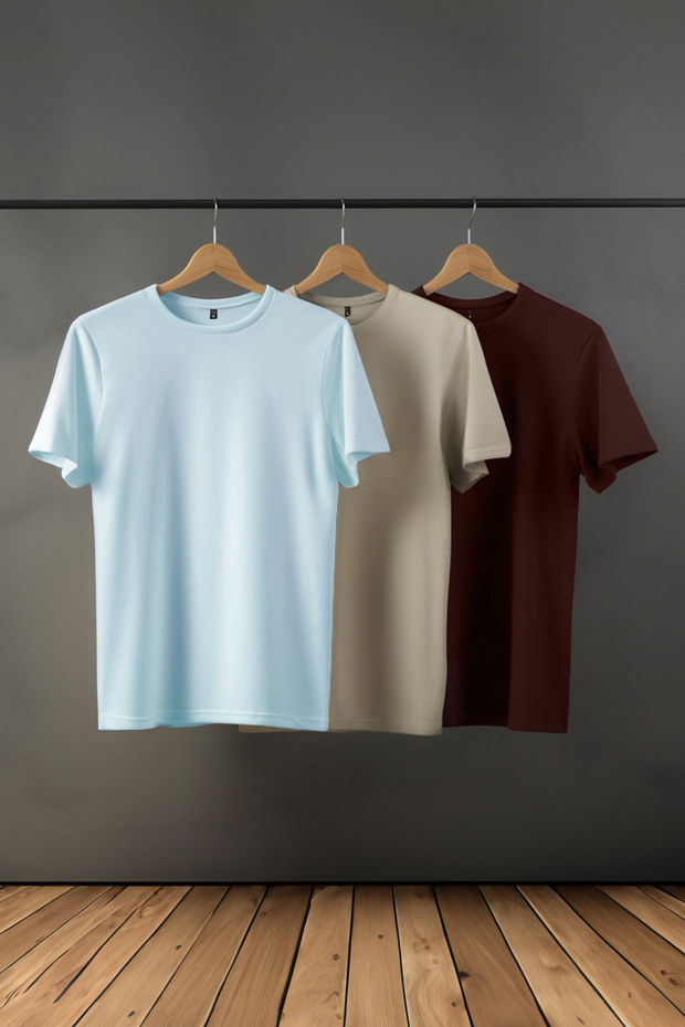 Koyu Kahverengi-Taş-Açık Mavi Slim/Dar Kesim Bisiklet Yaka %100 Pamuklu 3'lü T-Shirt TMNSS19BO0007 - 1